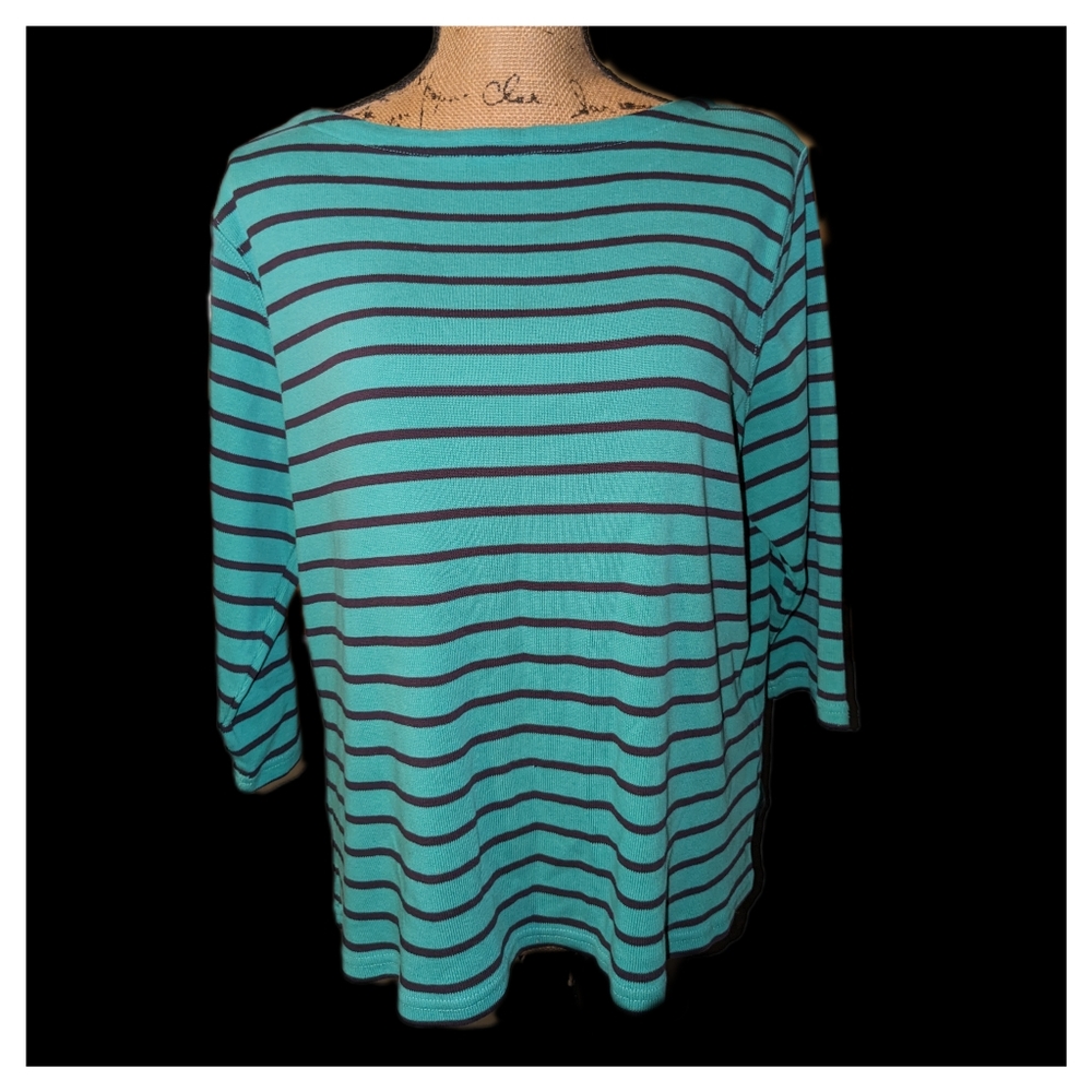 Ll bean Womens Heritage Mariner Top size XL green stripe 3/4 sleeve boat neck